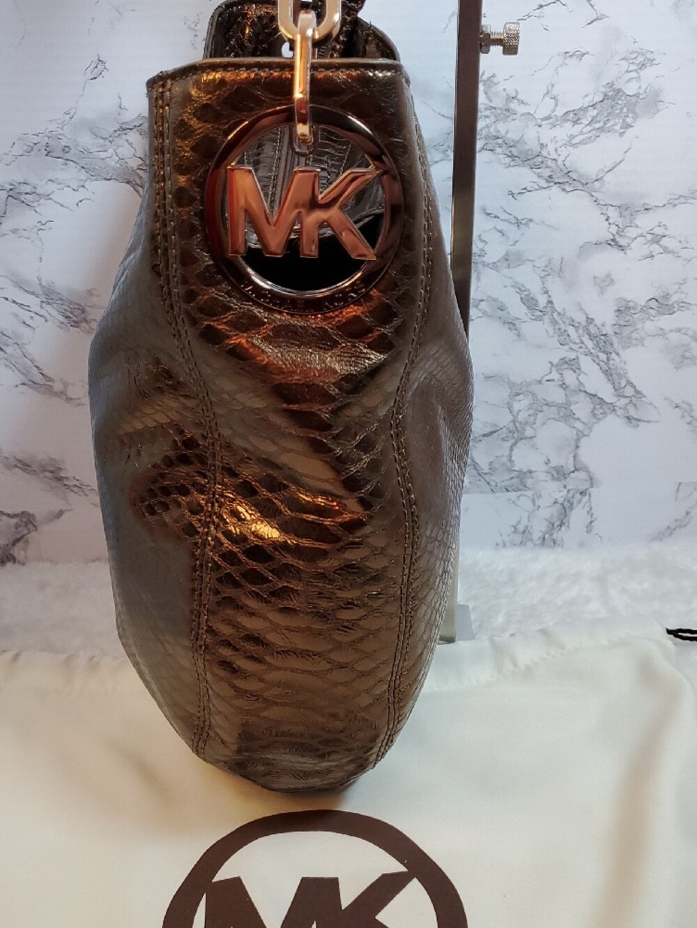 Michael Kors Cocoa Fulton Chain Hobo Snake-Embossed Shoulder Bag NWT - Picture 5 of 16